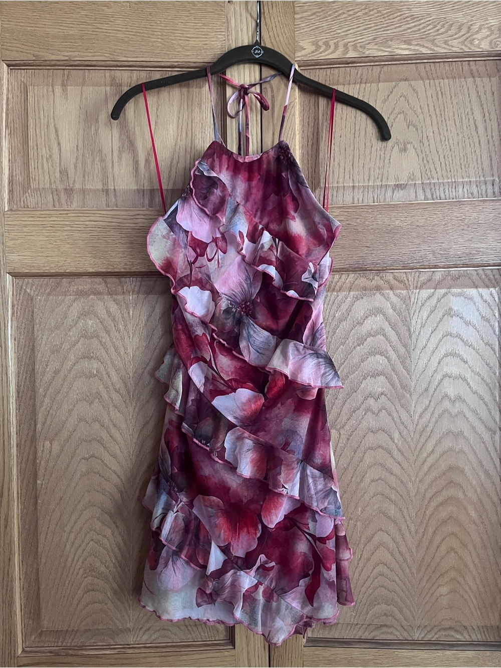 edge Burgundy Pink Floral Ruffle Halter Mini Dress